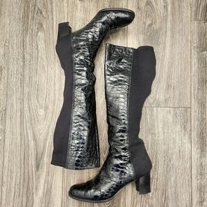 STUART WEITZMAN Black Alligator Patent Leather Block Heel Knee High Boots 7B